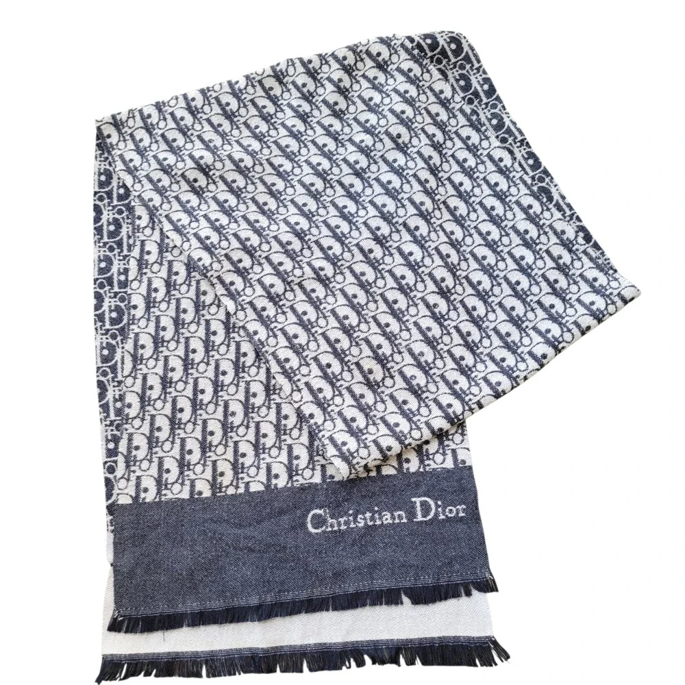 Christian Dior MONOGRAM Oblique 100% Cashmere Scarf Navy Blue & Cream 74